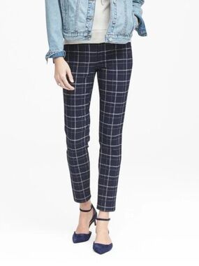 Banana Republic Plaid/Windowpane Sloan Pant, Navy, Gray, White, Size 4